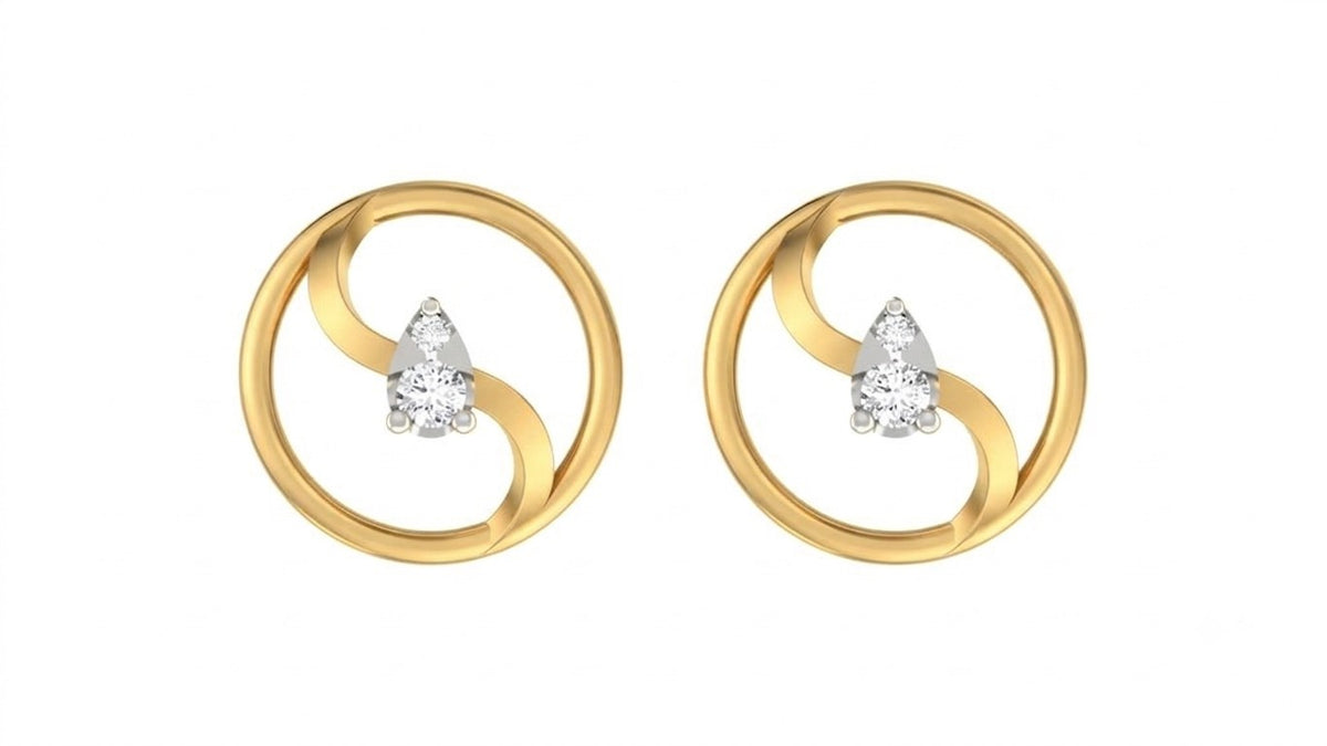 Yellow gold and diamond stud earring with round-shaped on a white background.