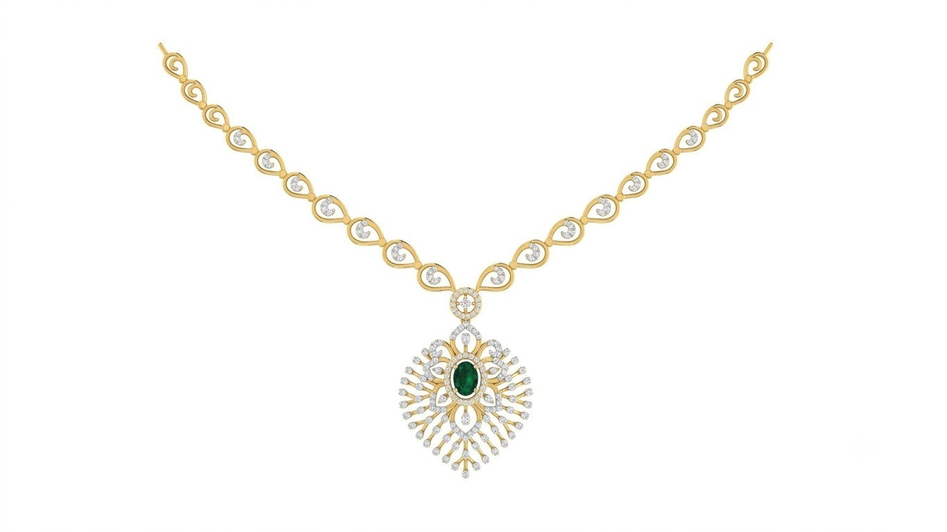 A yellow gold and diamond necklace featuring a central green gemstone, displayed on a solid white background.
