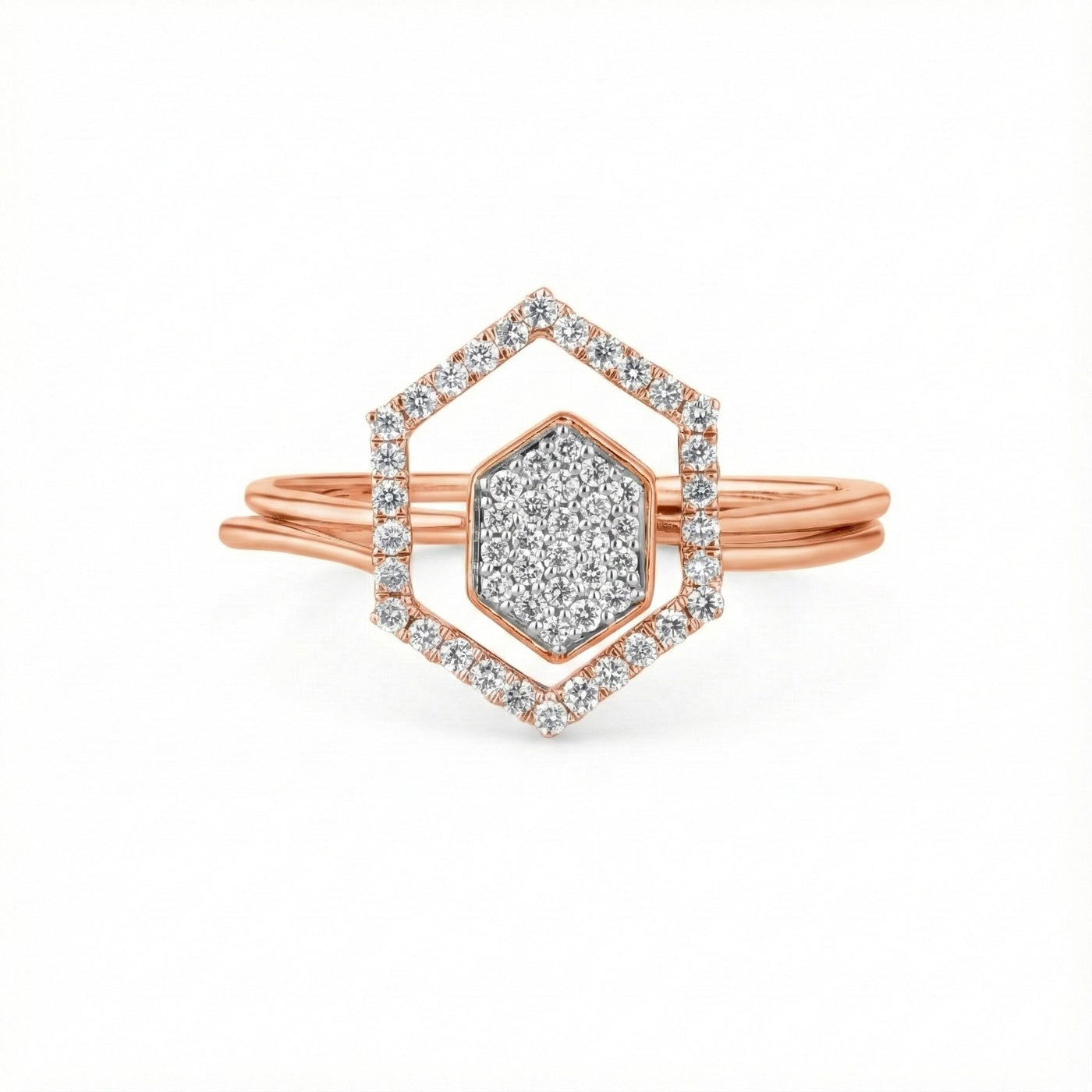 Rose gold ring with diamond accents on a white background