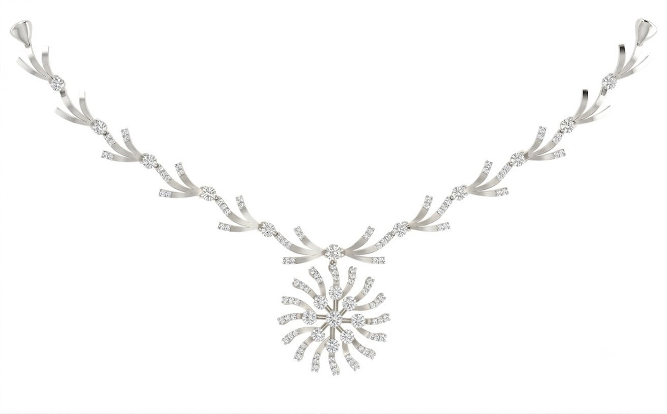 A yellow white and diamond necklace featuring a central sunburst with radiating diamond-like stones, on a plain white background.