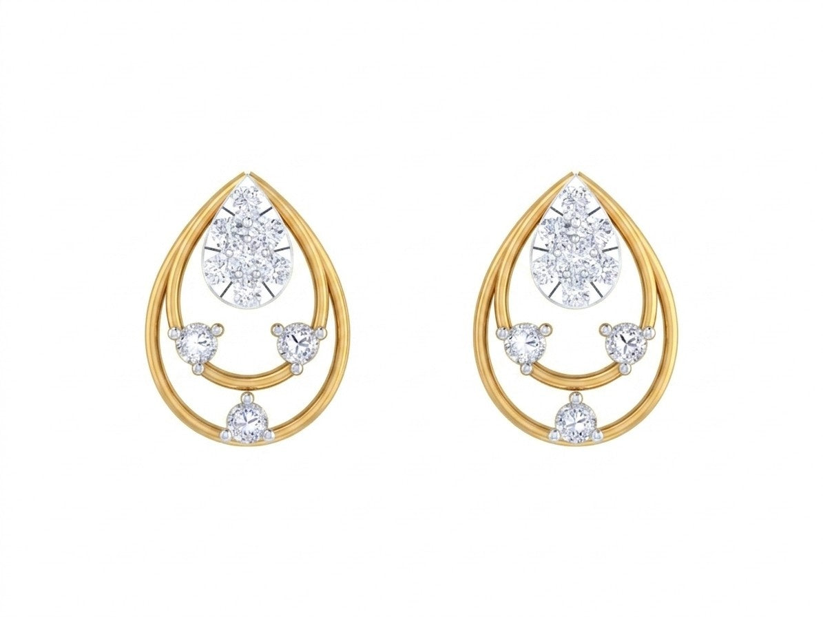 Yellow gold and diamond stud earring with teardrop-design on a white background.