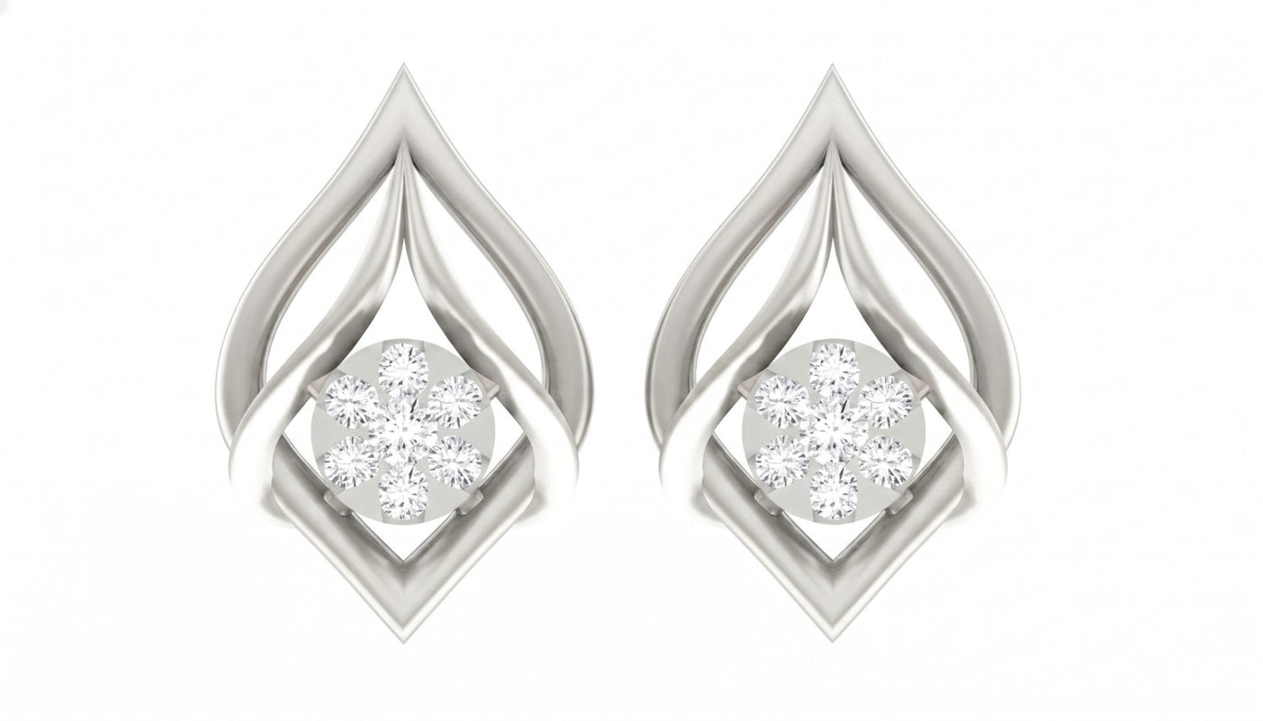 White gold and diamond stud earrings on a white background.
