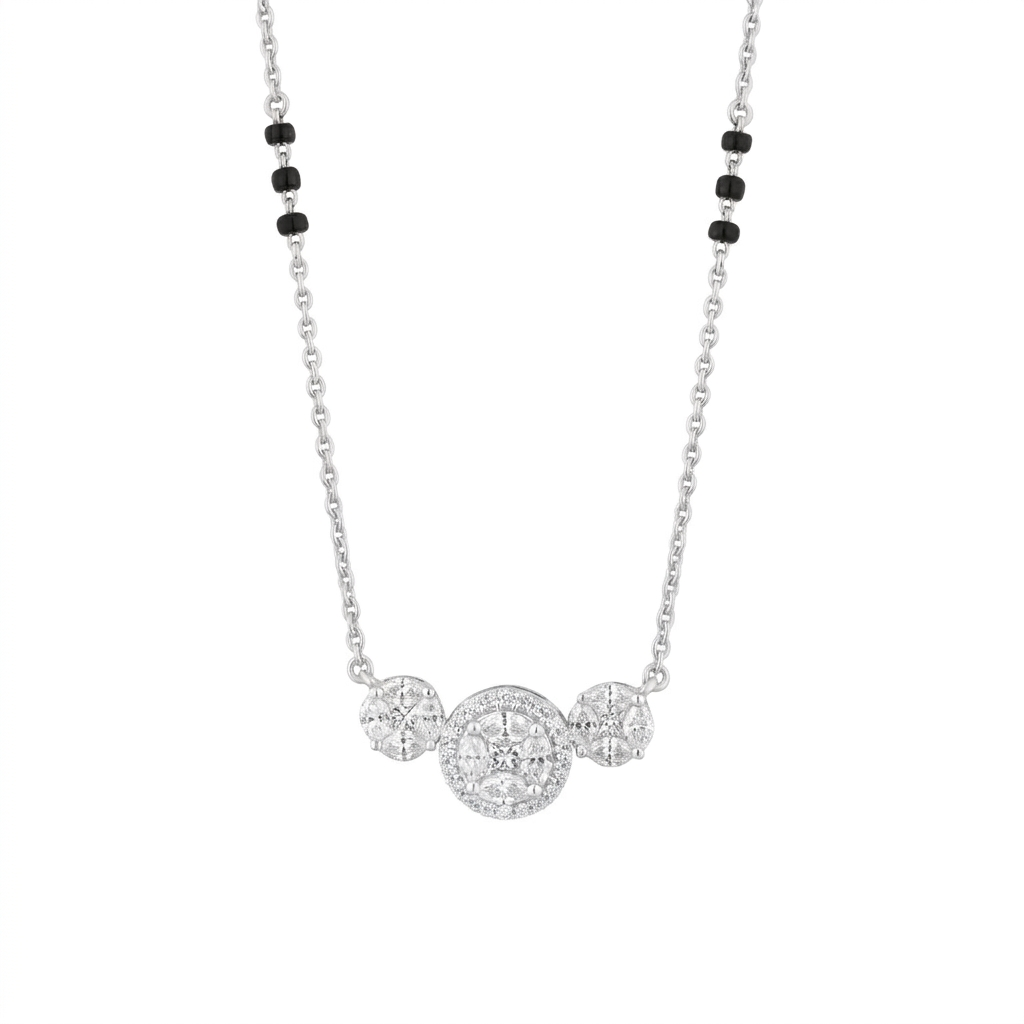  White gold mangalsutra with circular design on a white background