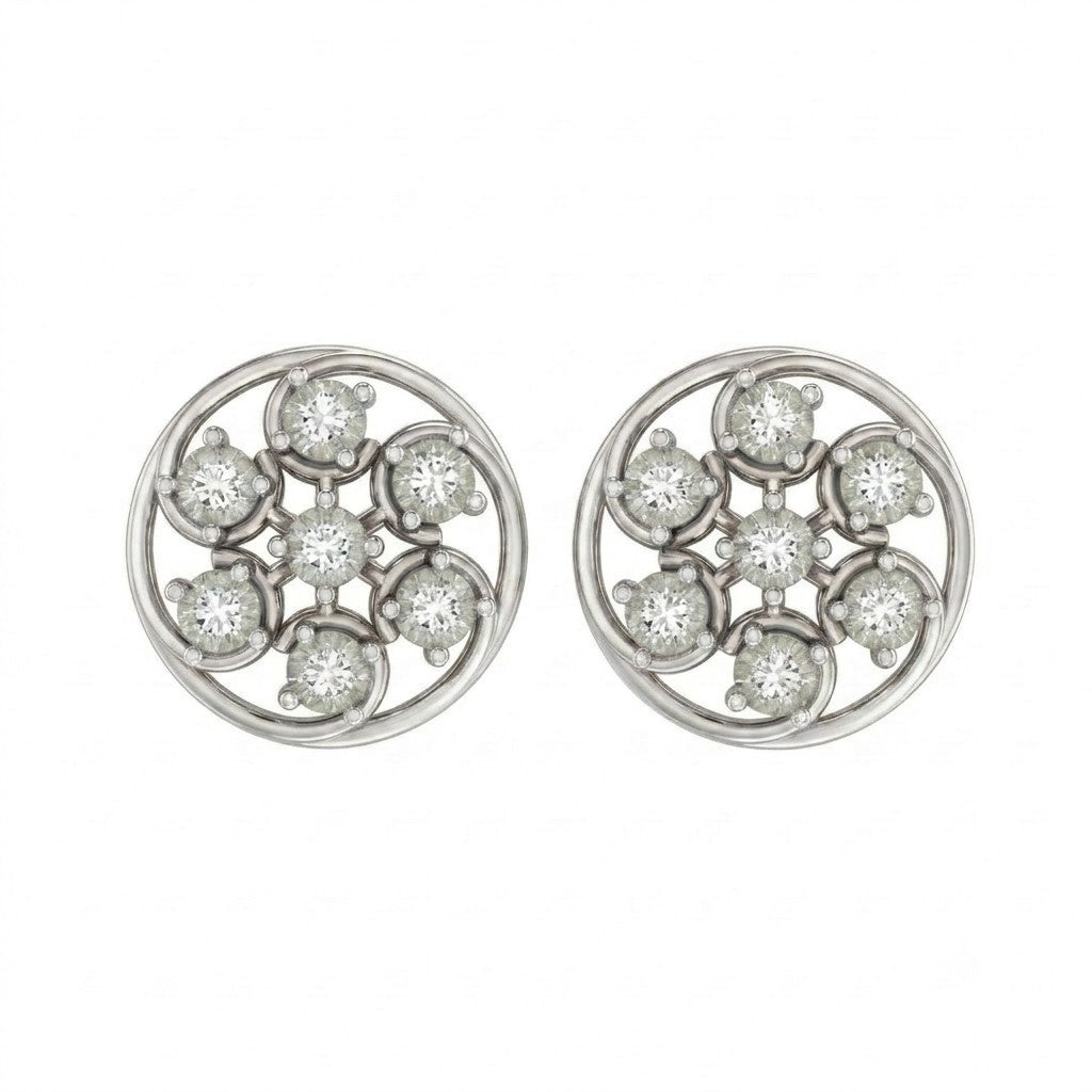 White gold and diamond stud earring with round-shaped on a white background.
