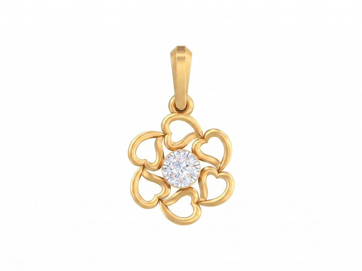 Gold pendant with a central diamond on a white background