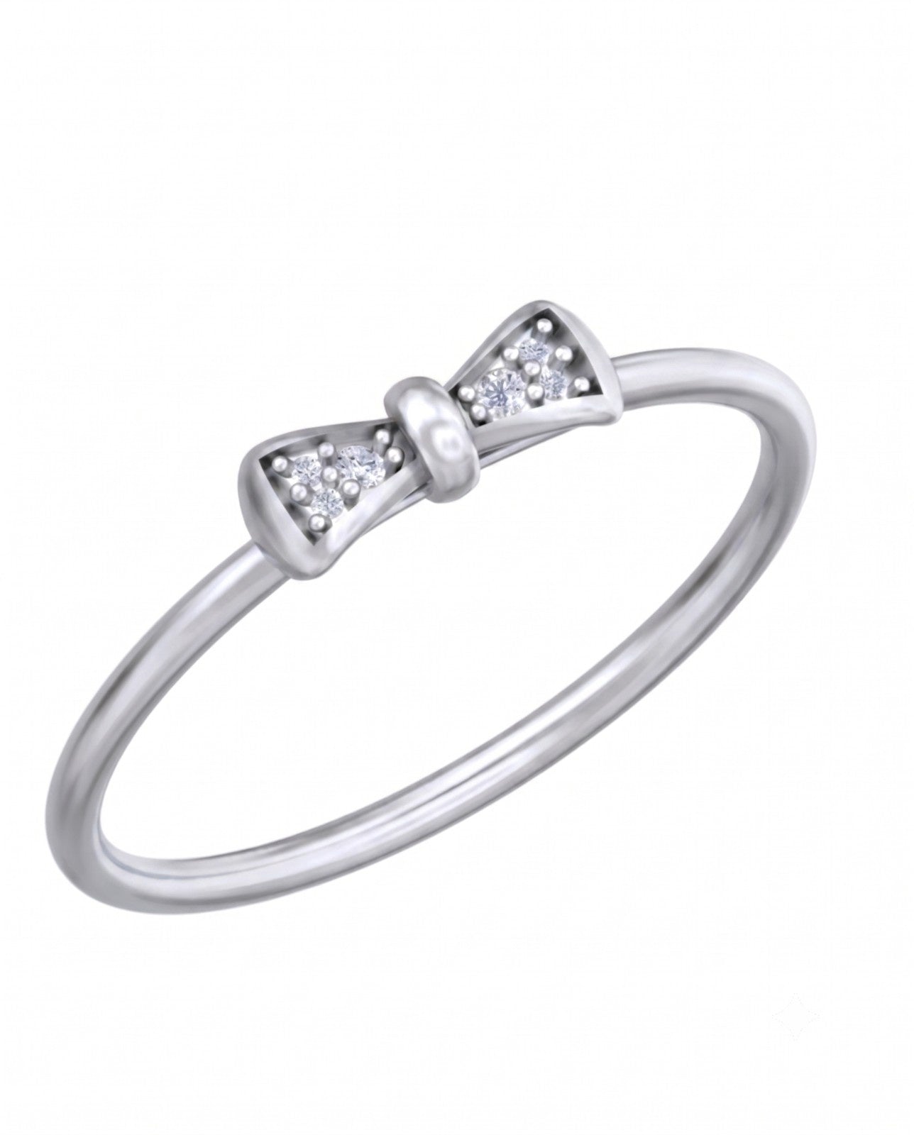 White gold bow-shaped ring with embedded diamonds on a white background