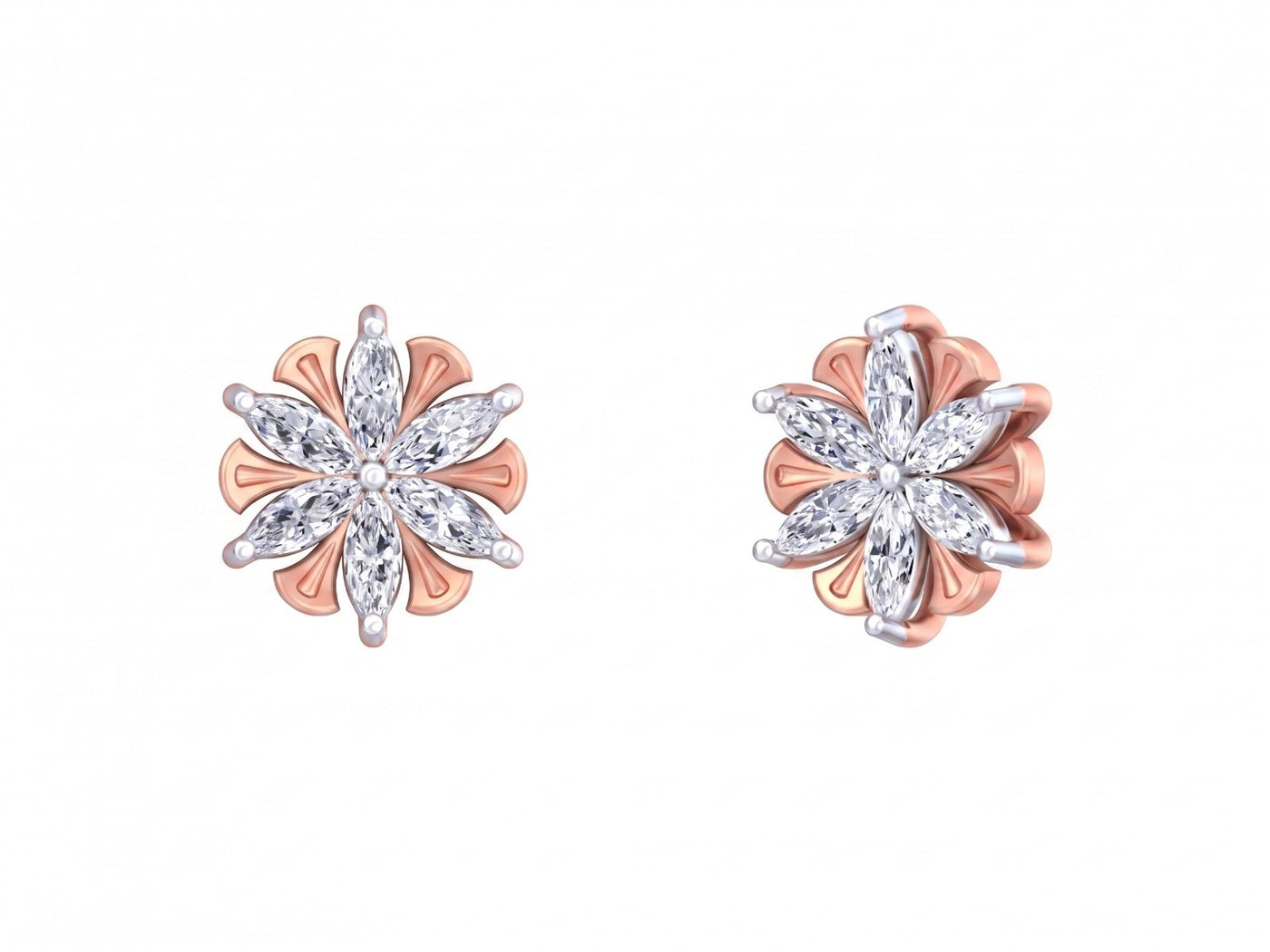 Pair of rose gold and diamond floral-shaped stud earrings on a white background