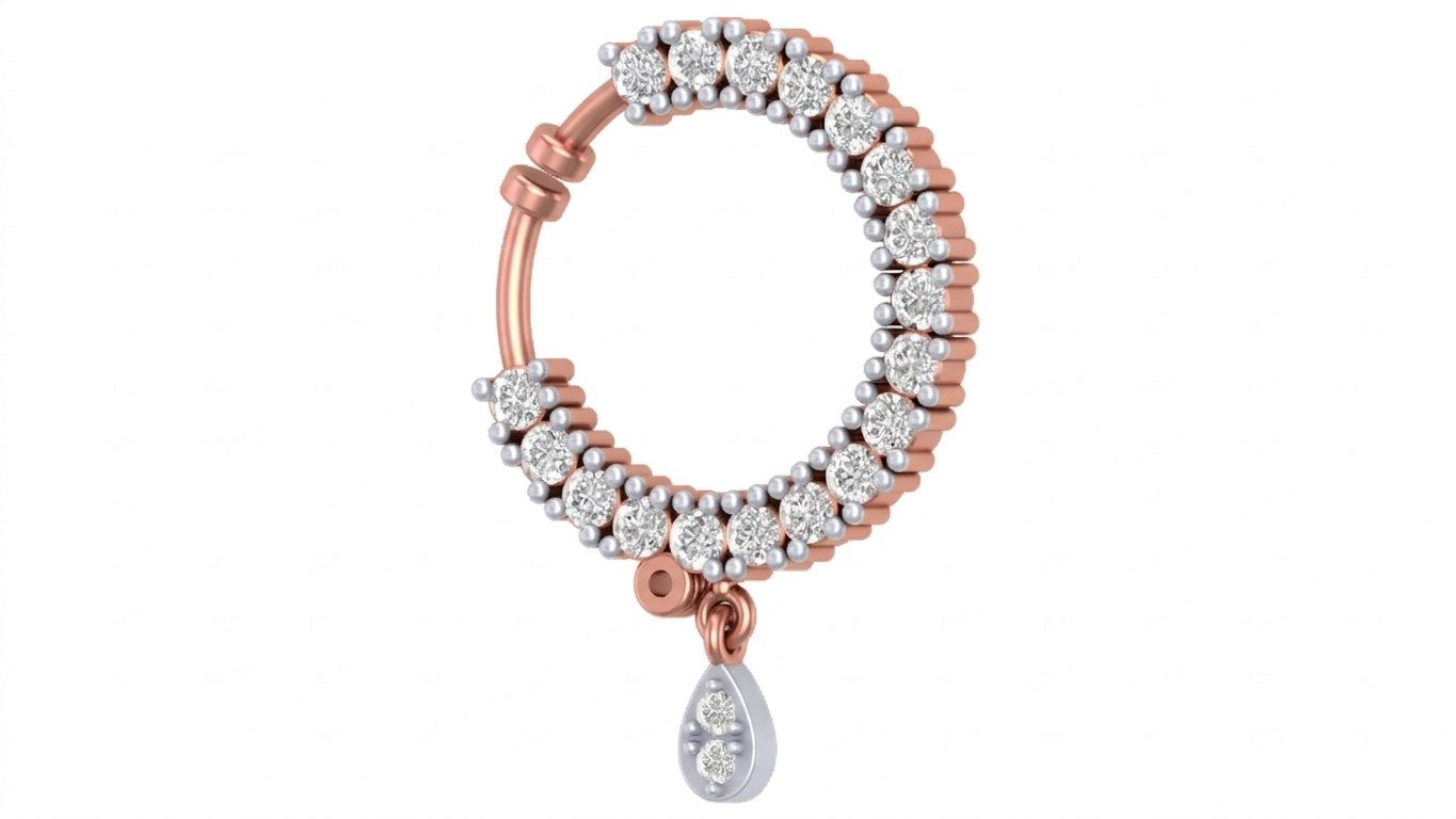 Rose gold and diamond nose ring with a teardrop design on a white background