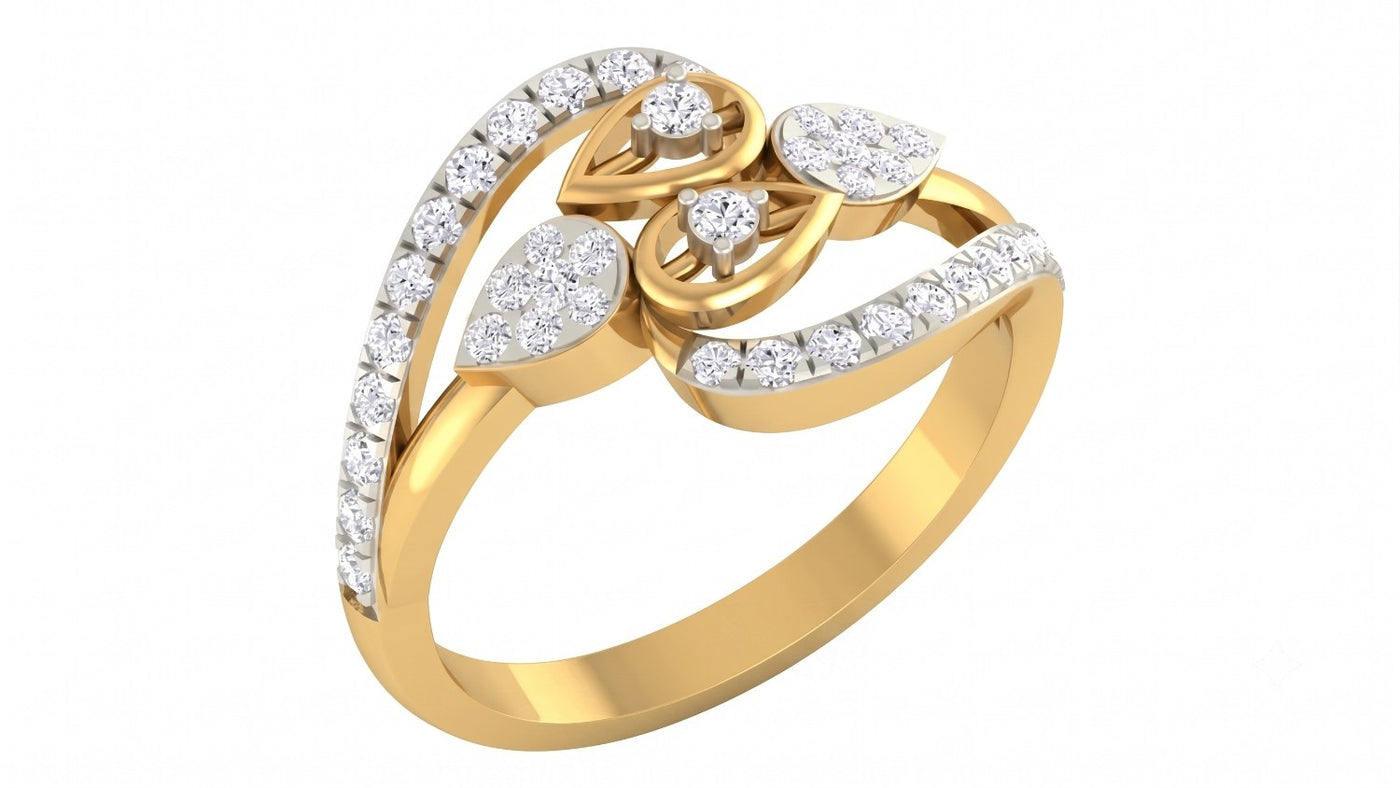 Yellow gold ring with diamond accents on a white background
