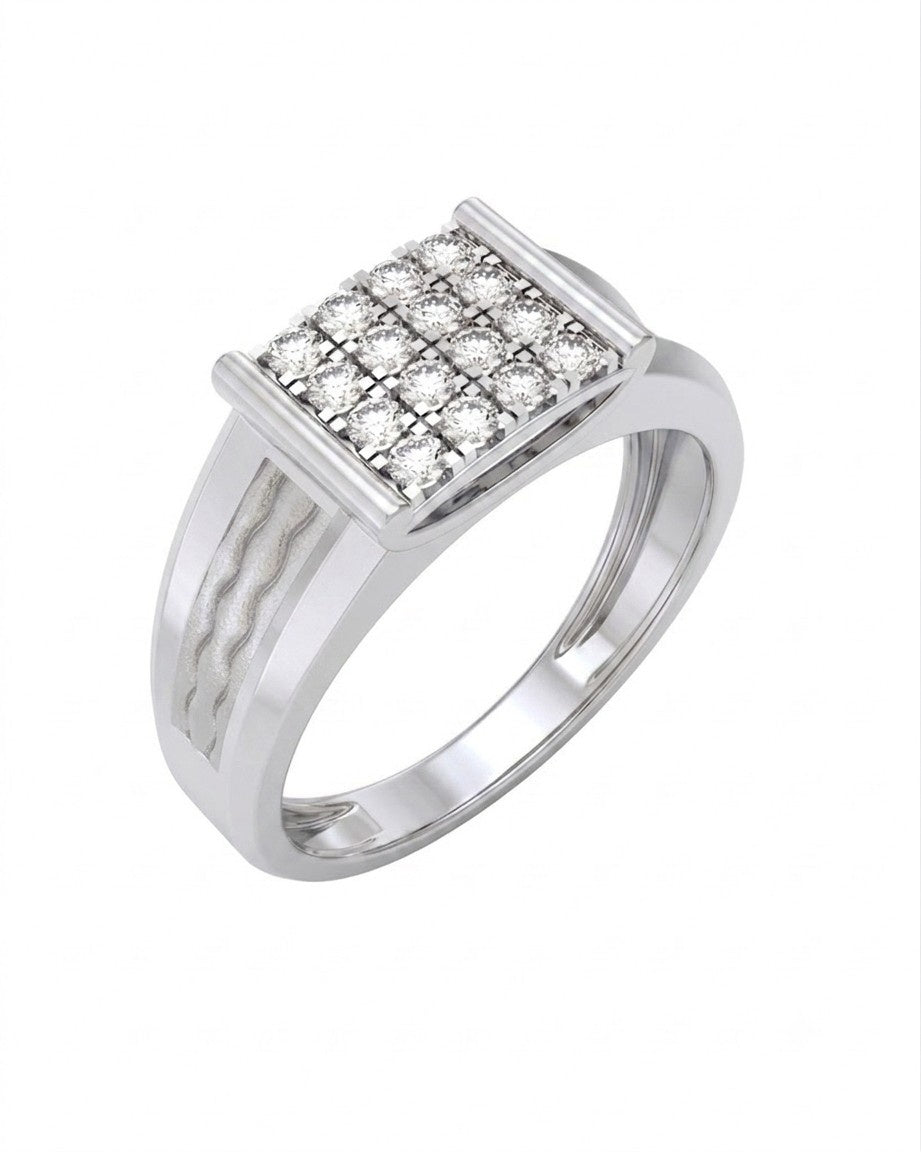 White gold and diamond band men's ring on a white background.