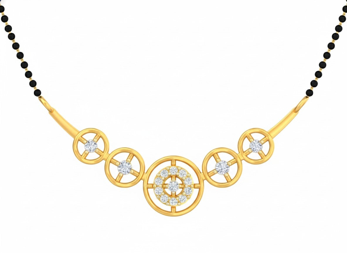 Yellow gold & diamond halo mangalsutra on white background