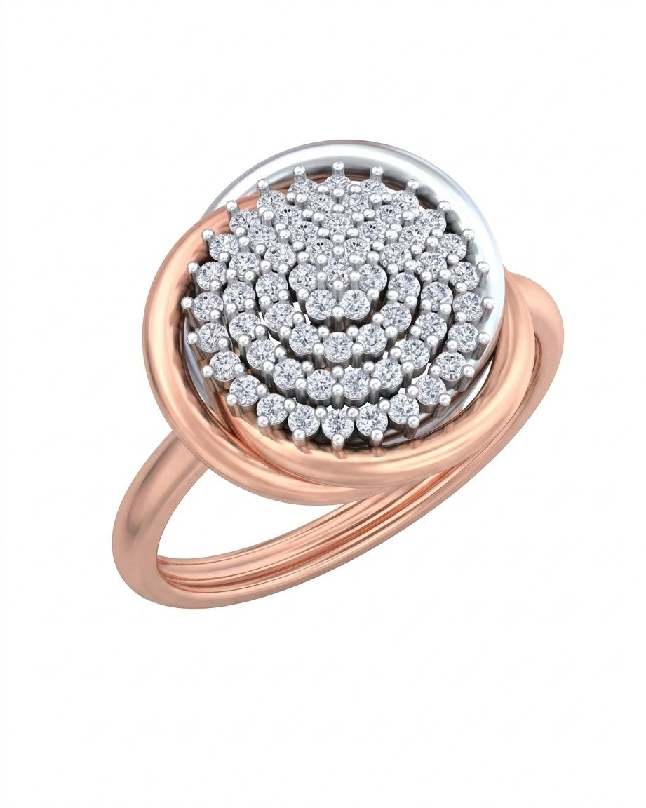 Rose gold ring with a diamond-studded design on a white background