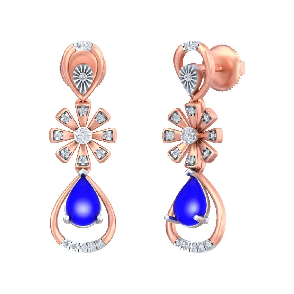 Yellow gold and diamond drop earring with gemstone on a white background.