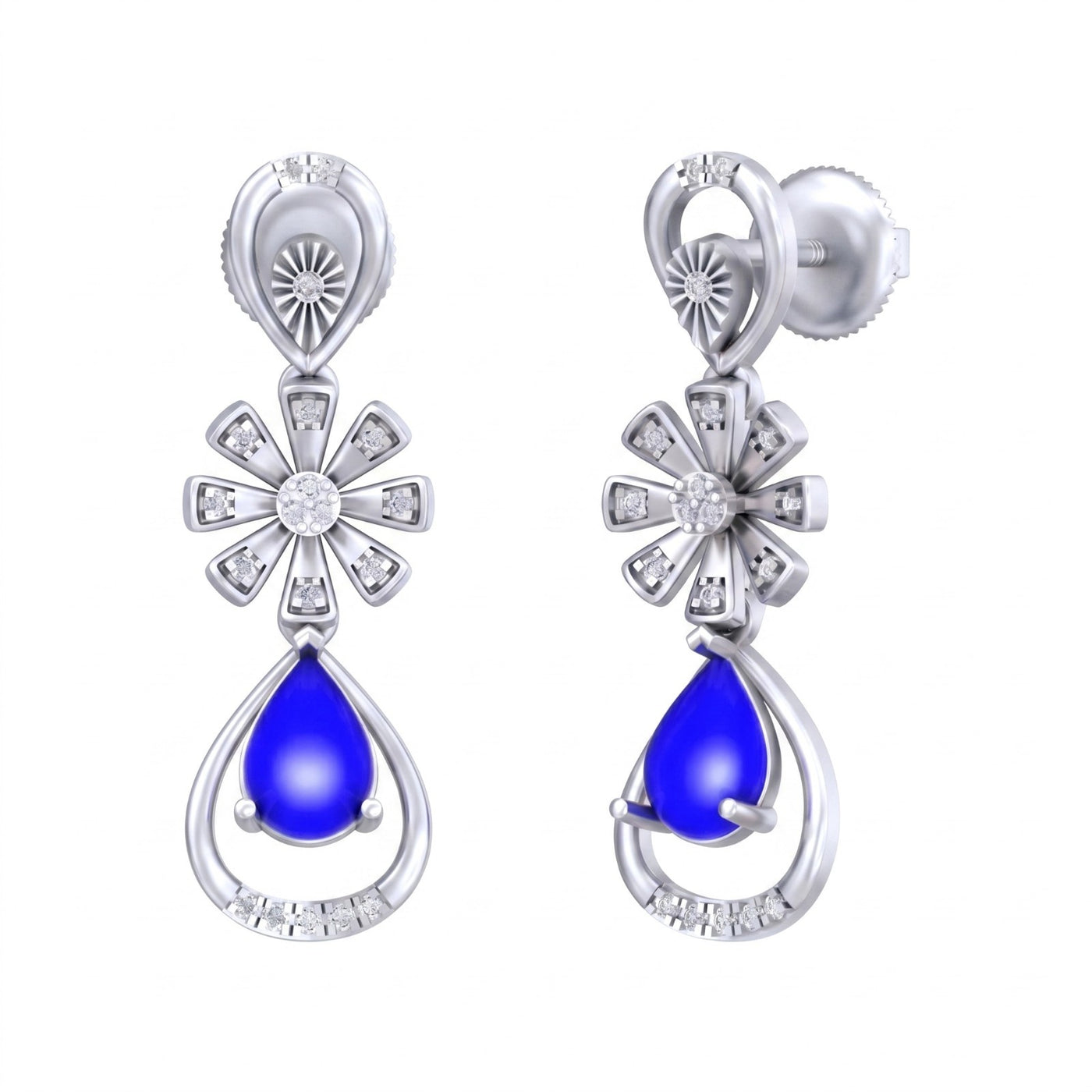 White gold and diamond drop earring with gemstone on a white background.