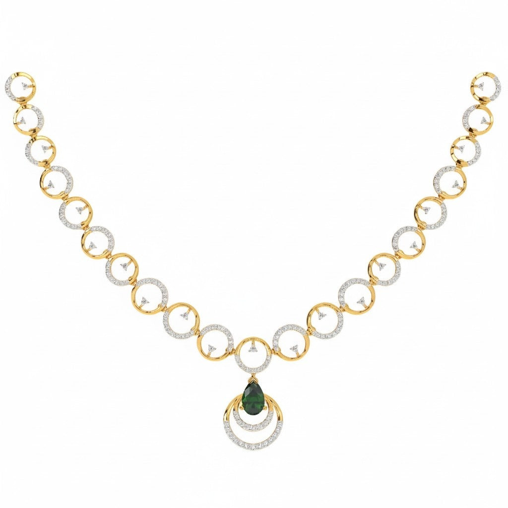 A yellow gold necklace featuring alternating diamond-accented circular links and a central pear-shaped deep green gemstone pendant on a white background