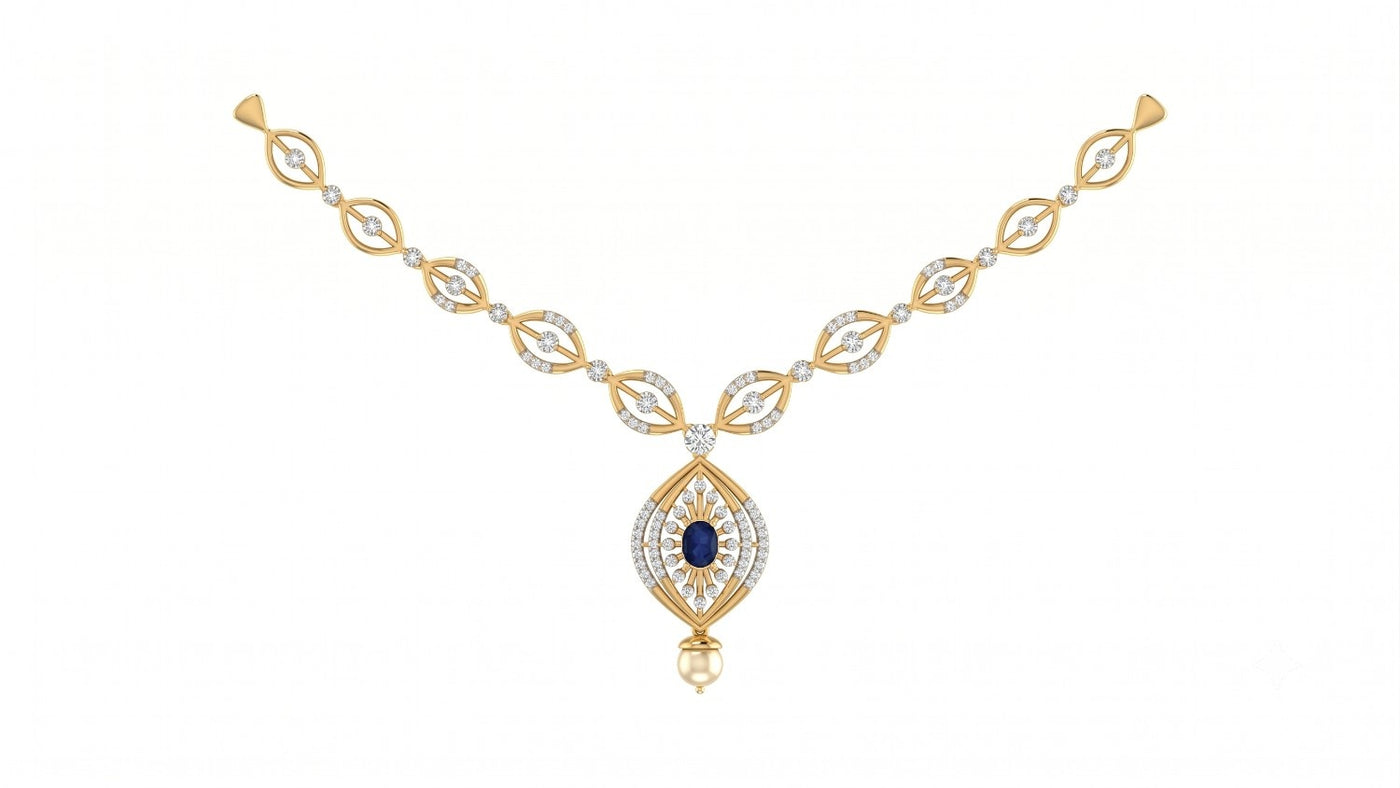 A yellow gold and diamond necklace, featuring a central teardrop-shaped pendant set with a deep blue oval gemstone, on a plain white background.