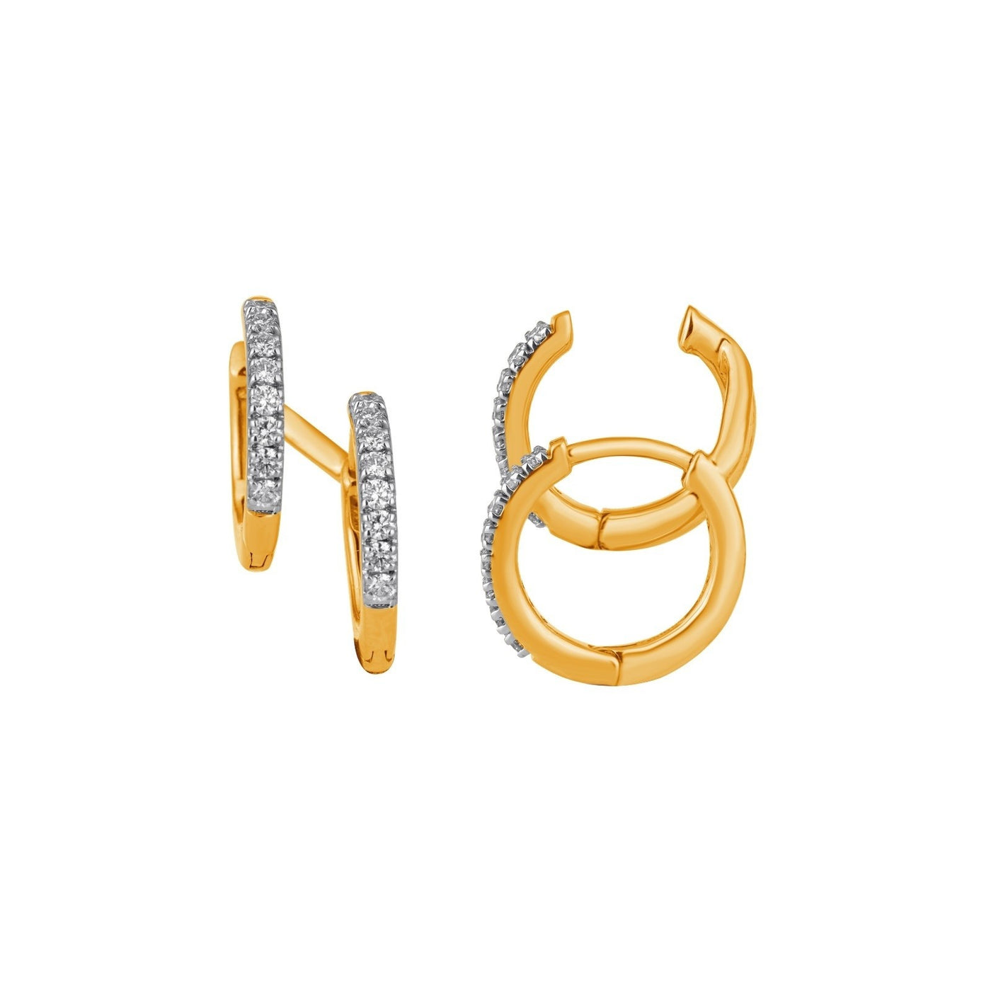 Yellow gold hoop earrings with embedded stones on a white background.