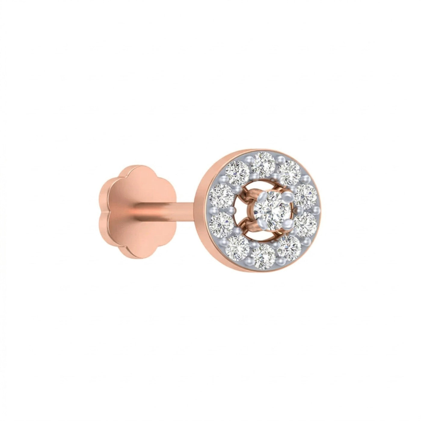 Rose gold and diamond stud nose pin-studded design on a white background