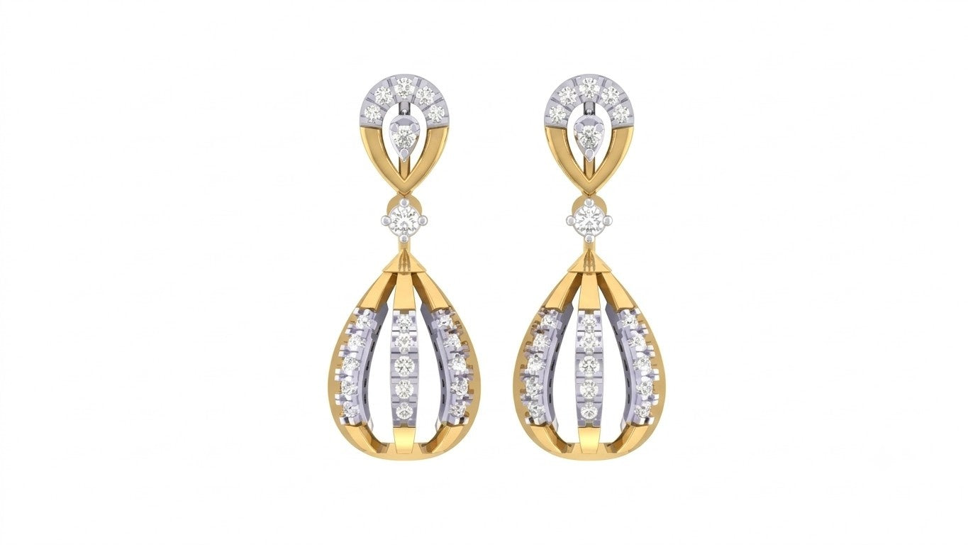 Yellow gold and diamond drop earring with teardrop-design on a white background.