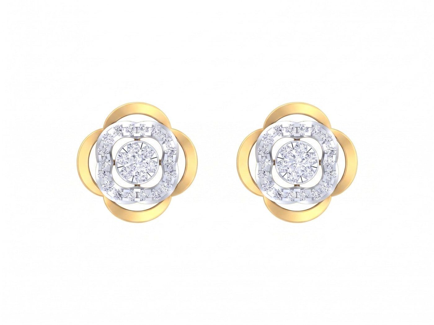 Pair of yellow gold and diamond floral-design stud earrings on a white background.