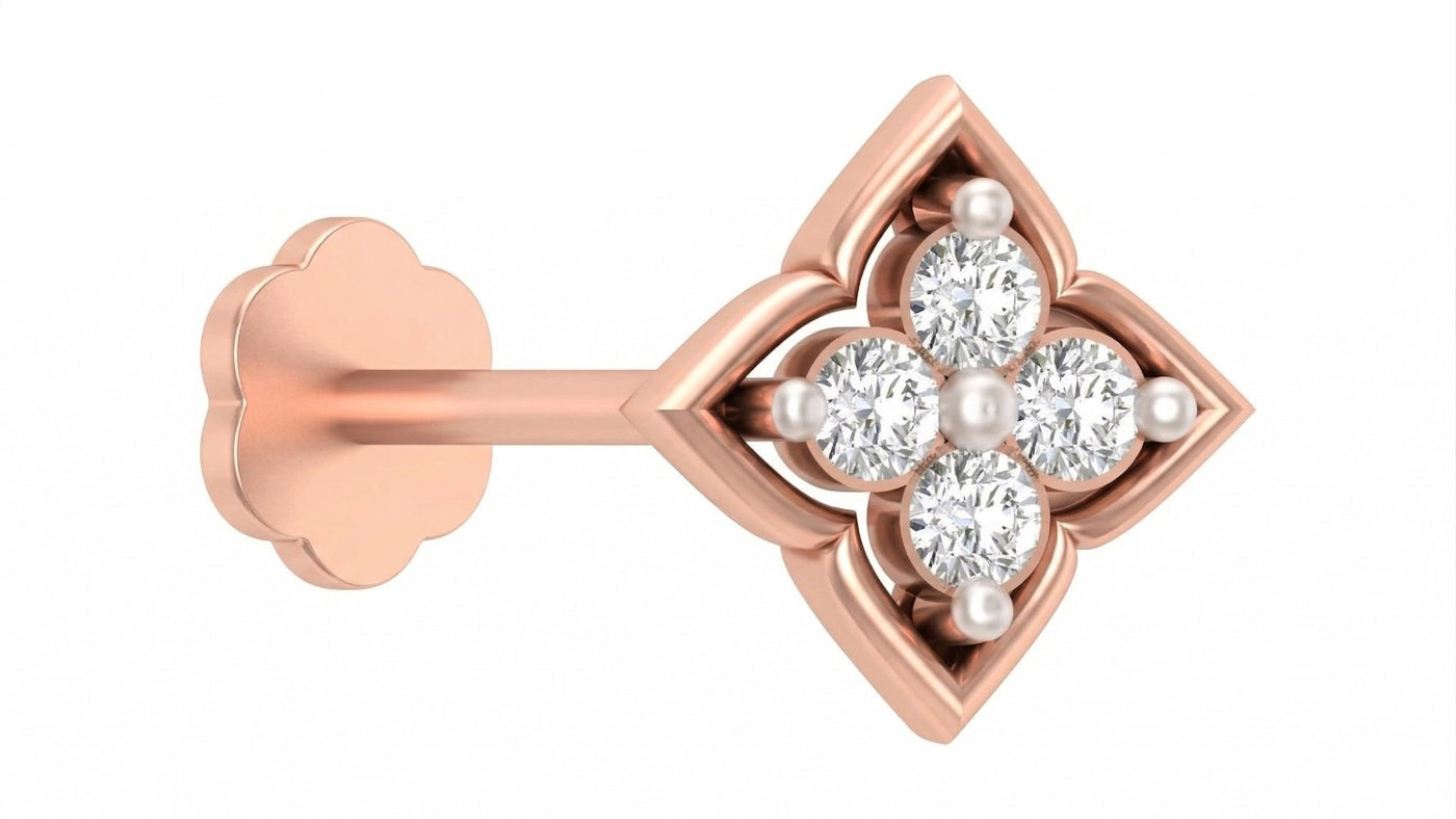Rose gold and diamond stud nose pin-like stones on a white background