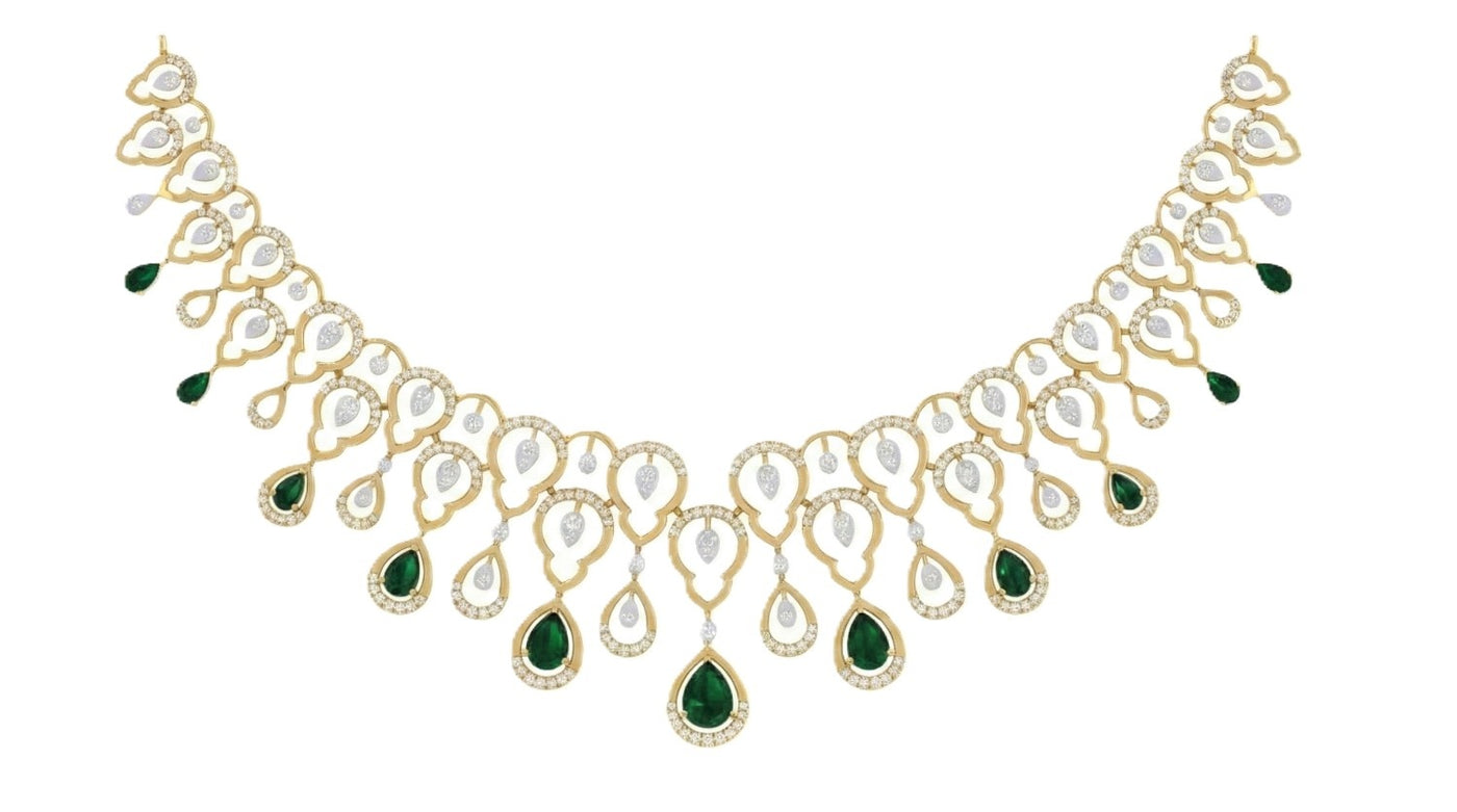 A yellow gold statement necklace featuring intricate loop motifs, diamond accents