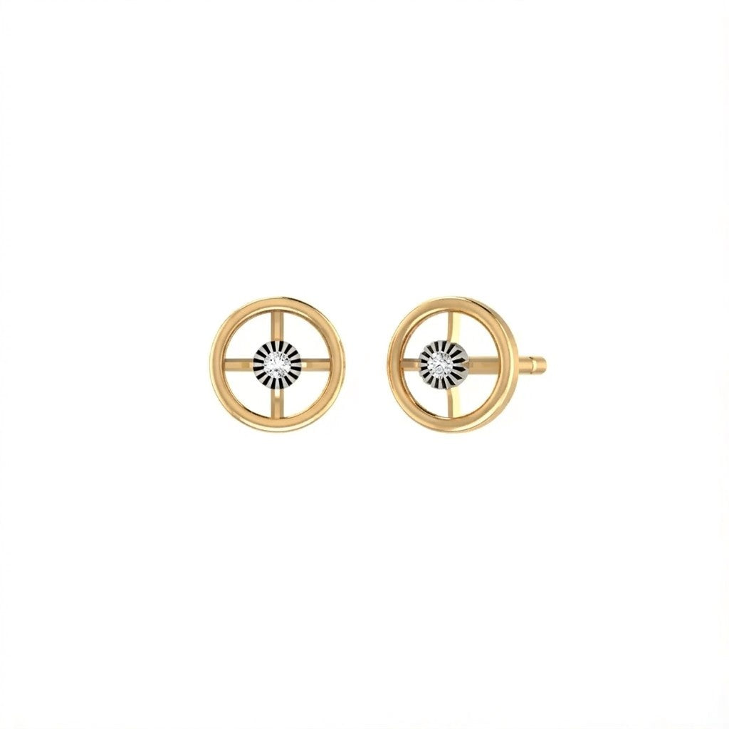 Yellow gold and diamond round-shaped stud earring on a white background.