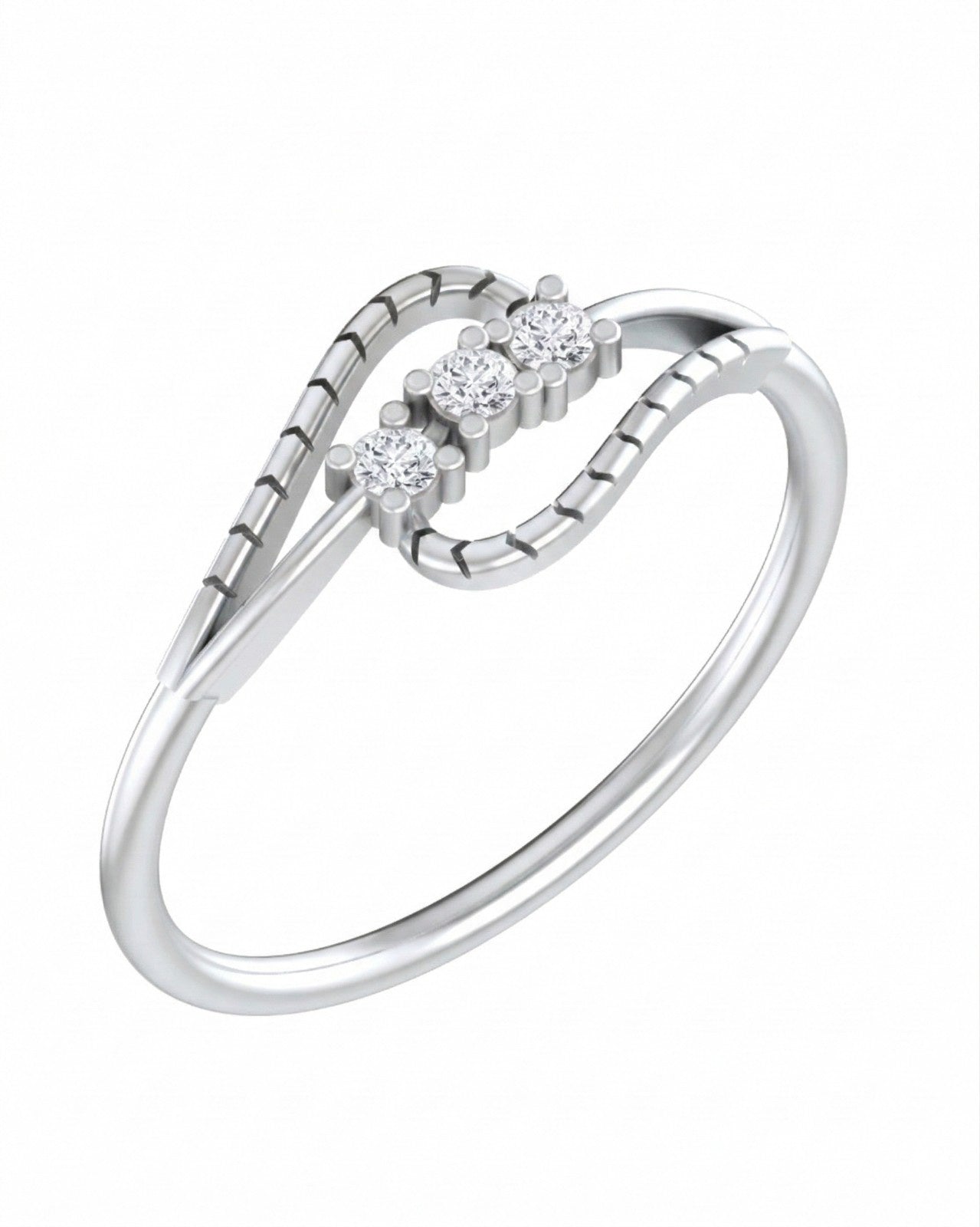 White gold ring with three diamonds on a white background