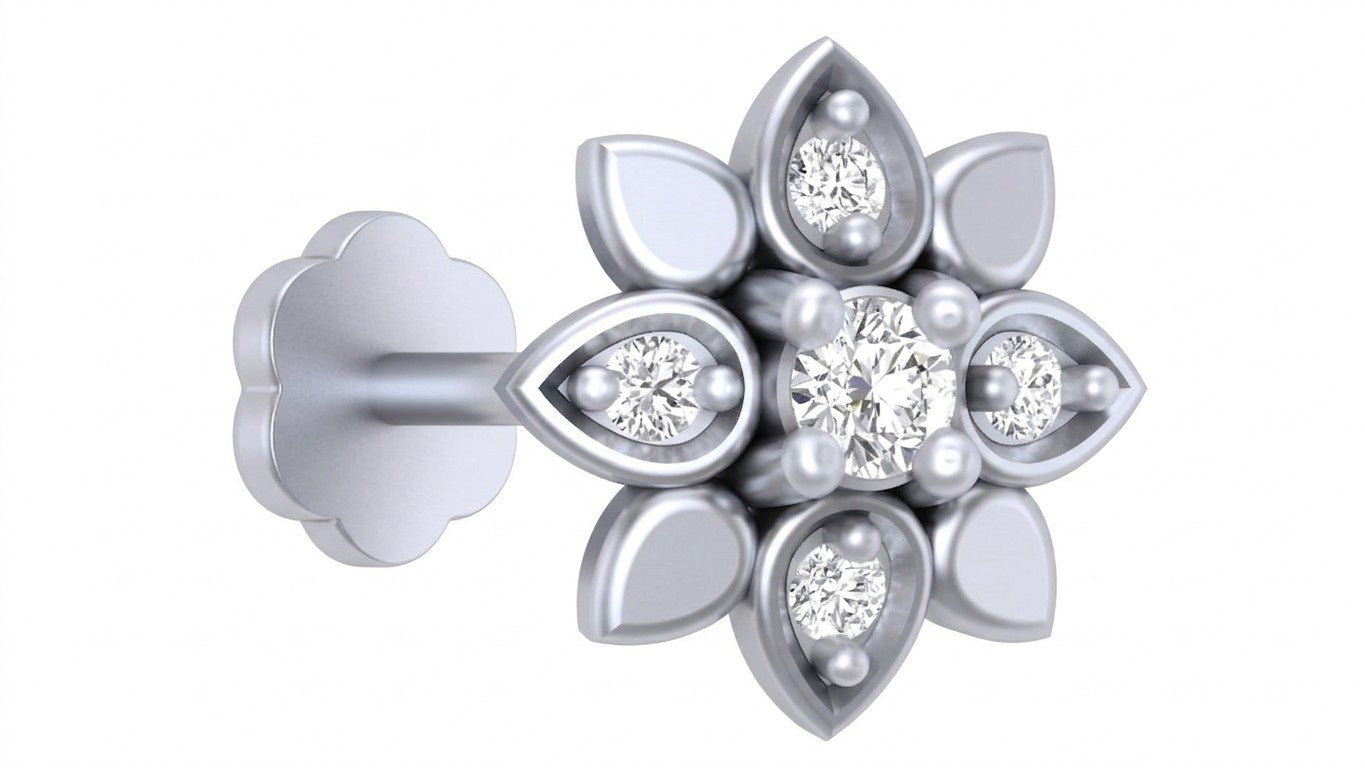 white gold and diamond stud nose pin with diamonds on a white background