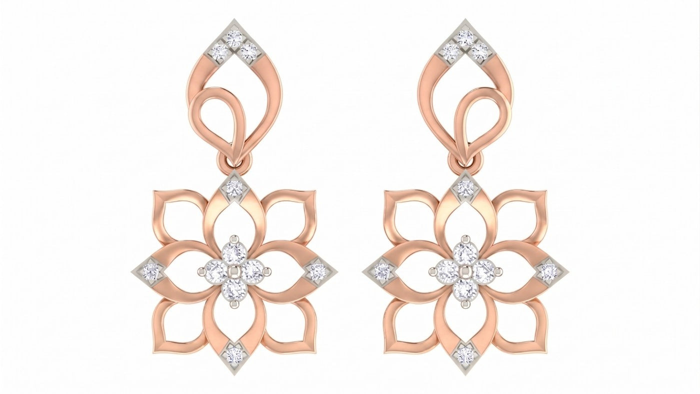 Rose Gold and diamond floral drop earrings on a white background