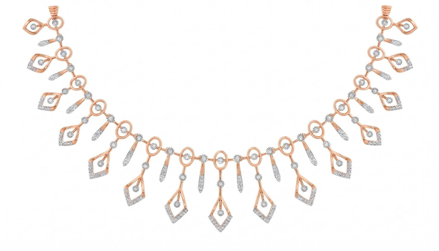 Rose gold and diamond necklace with geometric designs, displayed on a solid white background.
