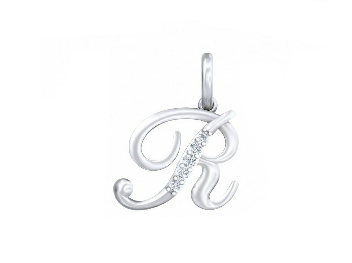 white gold pendant with letter 'R' design on a white background