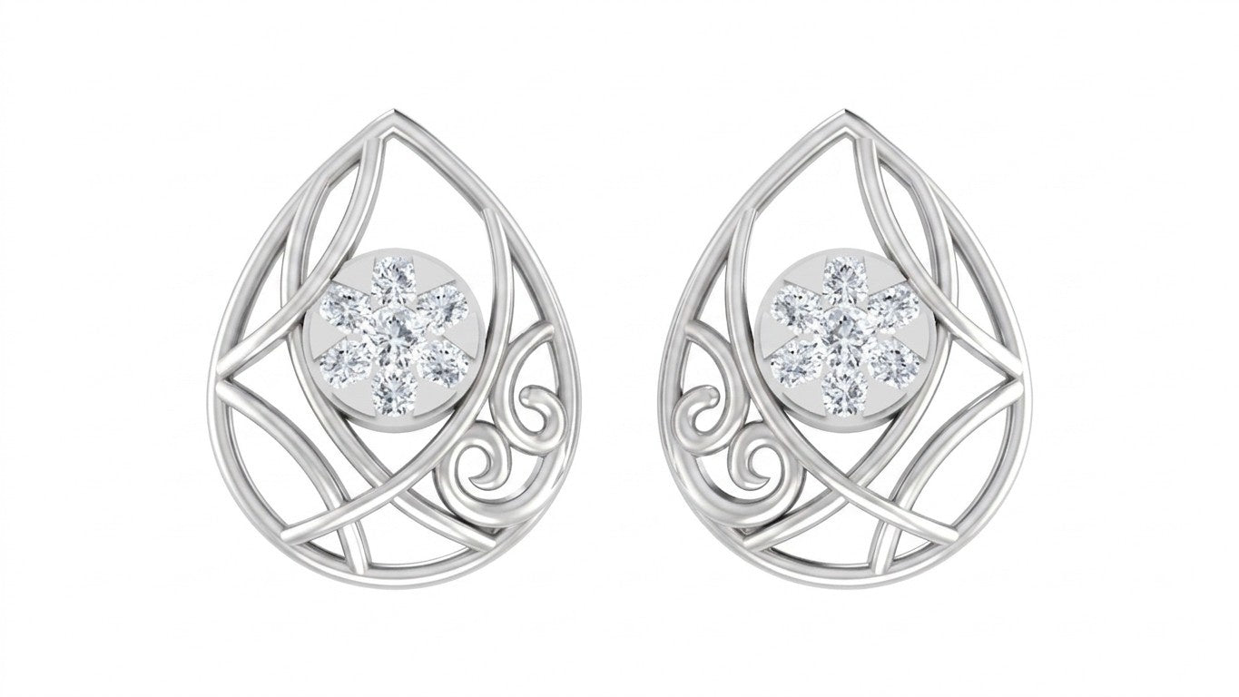 White gold and diamond earrings with teardrop design on a white background