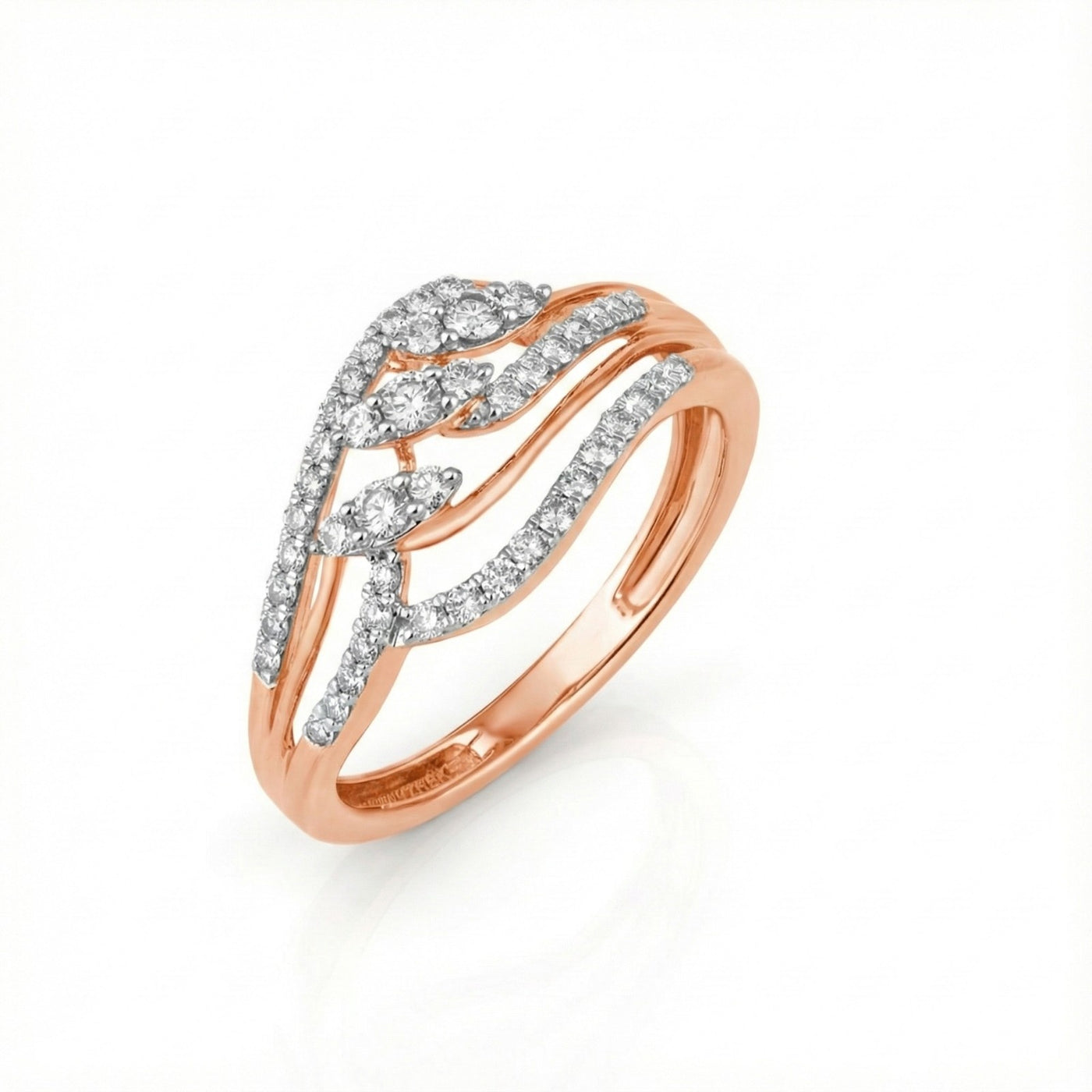 Rose gold ring with diamond accents on a white background