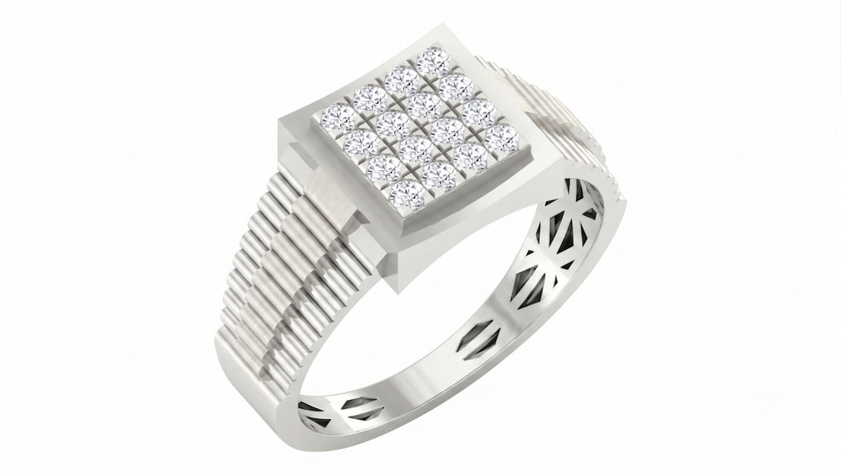 A white gold ring with a pavé diamond center and geometric detailing on the band, shown on a plain white background.