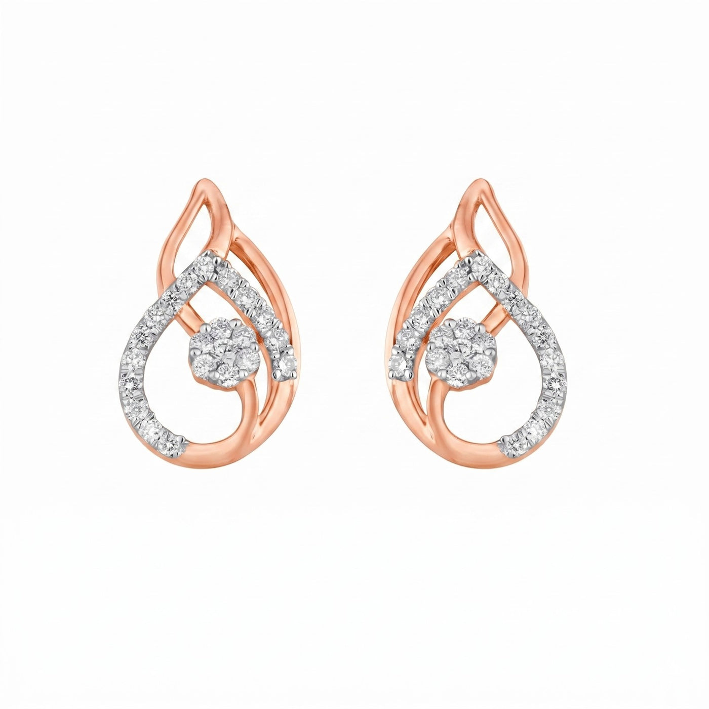 Rose gold and diamond earrings on a white background