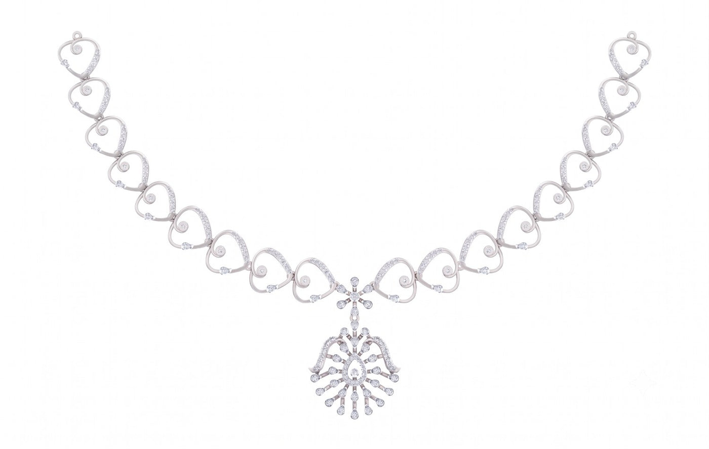 A white gold and diamond necklace with a floral design, shown against a plain white background.