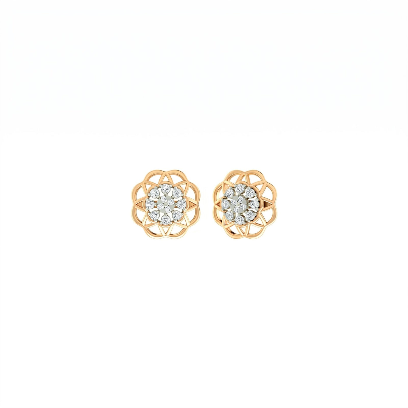 Yellow gold earrings with diamond-like centers on a white background