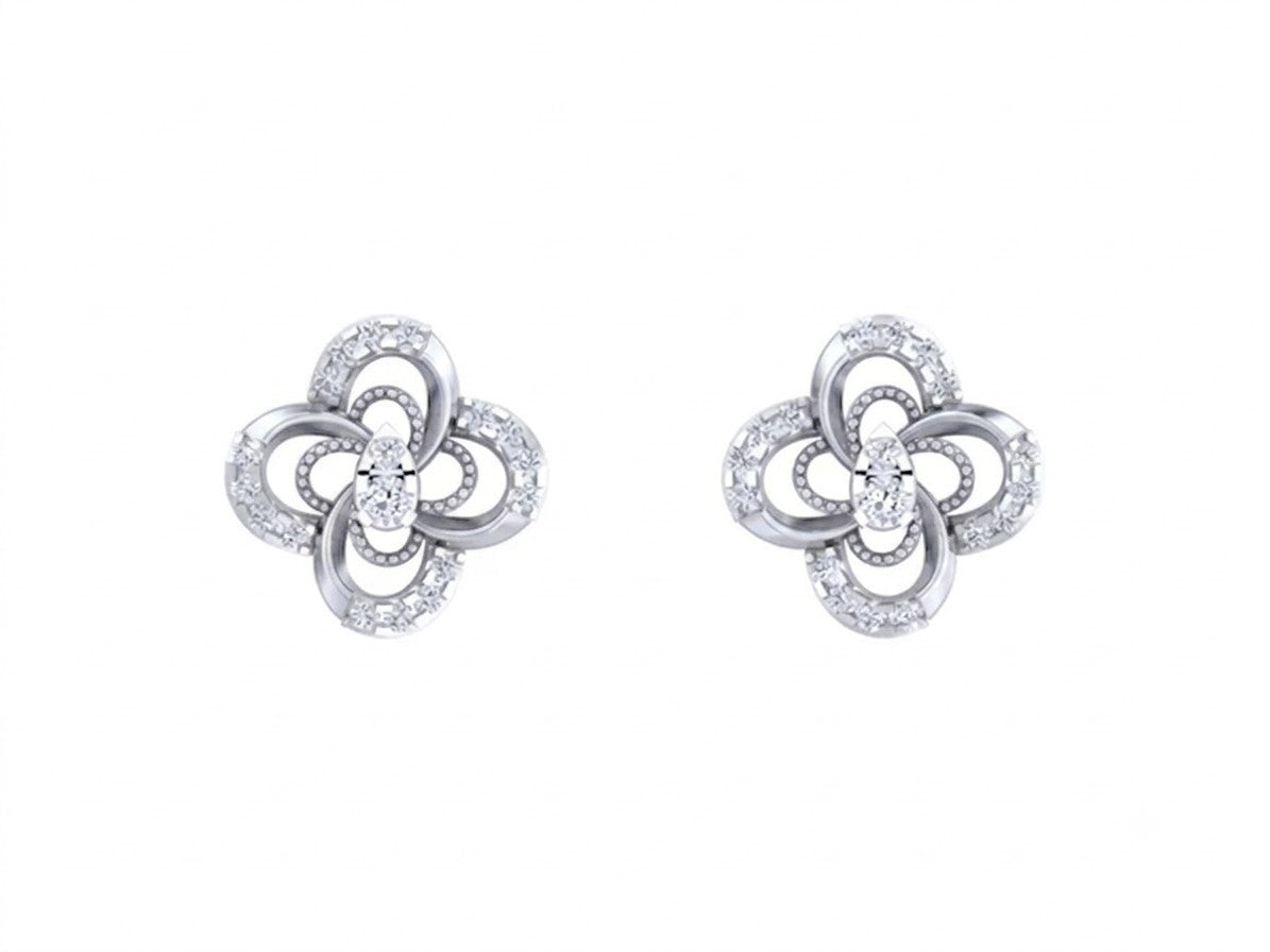 White gold and diamond stud earring with floral-design on a white background.