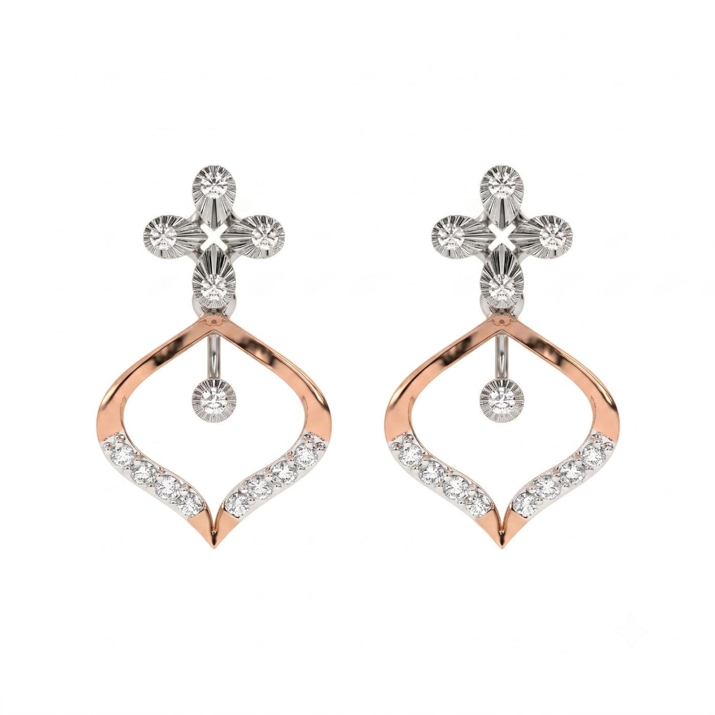Rose gold and diamond drop earrings on a white background