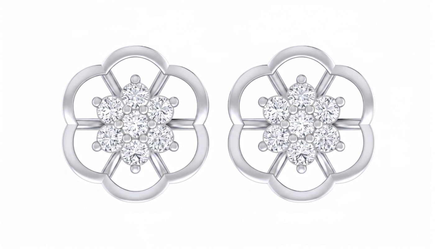White gold and diamond stud earring with floral design on a white background.