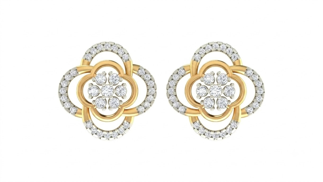 Yellow gold and diamond stud earring with floral-shaped on a white background.