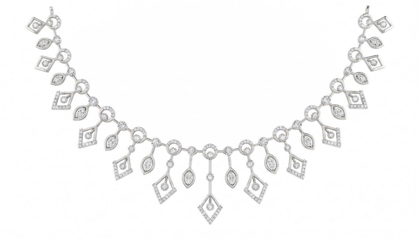 A white gold and diamond necklace featuring a symmetrical design of teardrop, displayed on a clean white background.