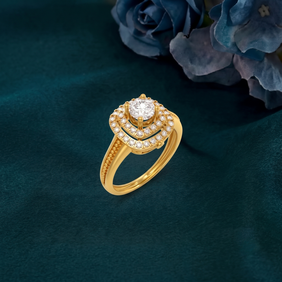 Gold and diamond ring on a dark green textured background
