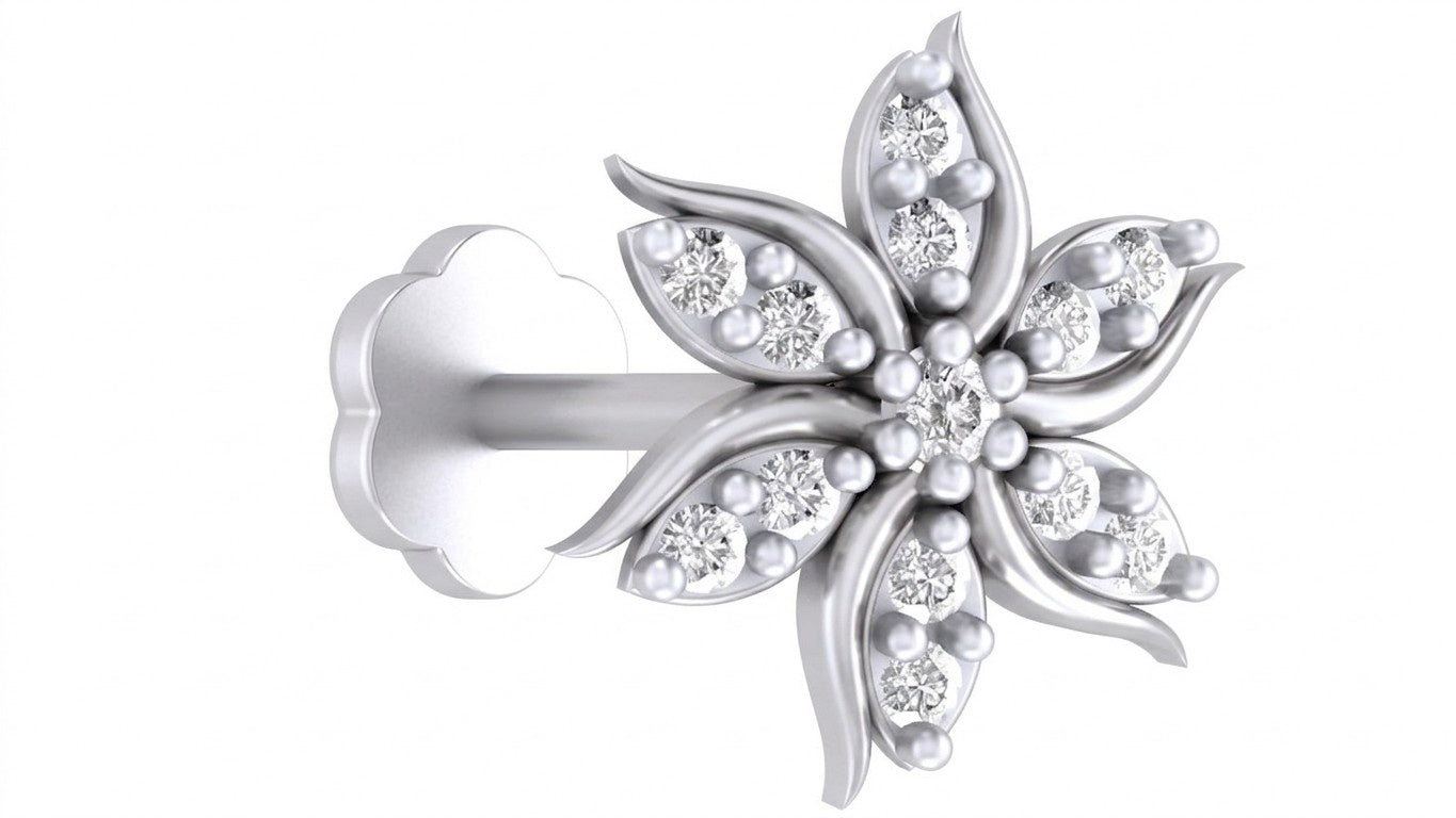 Elegant floral white gold and diamond nose pin featuring sparkling diamonds in a graceful leaf design.