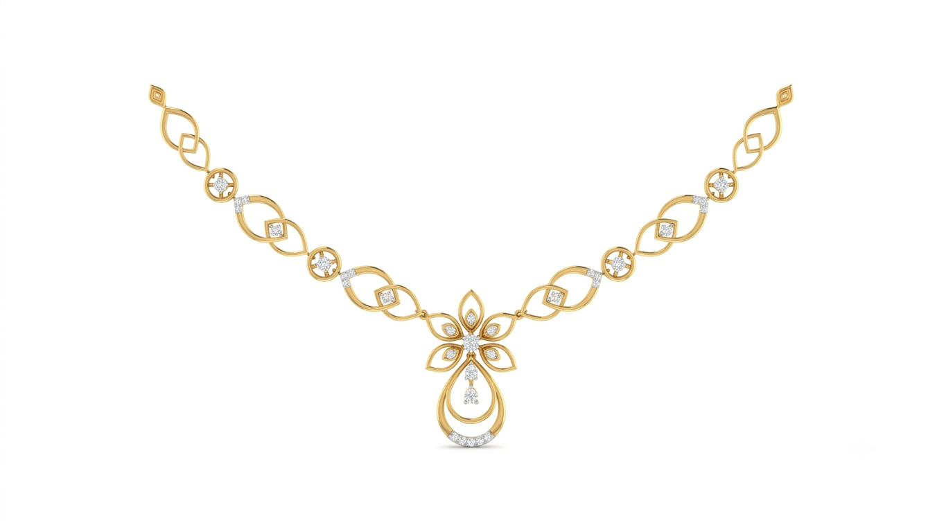 gold and diamond necklace with floral design on a white background