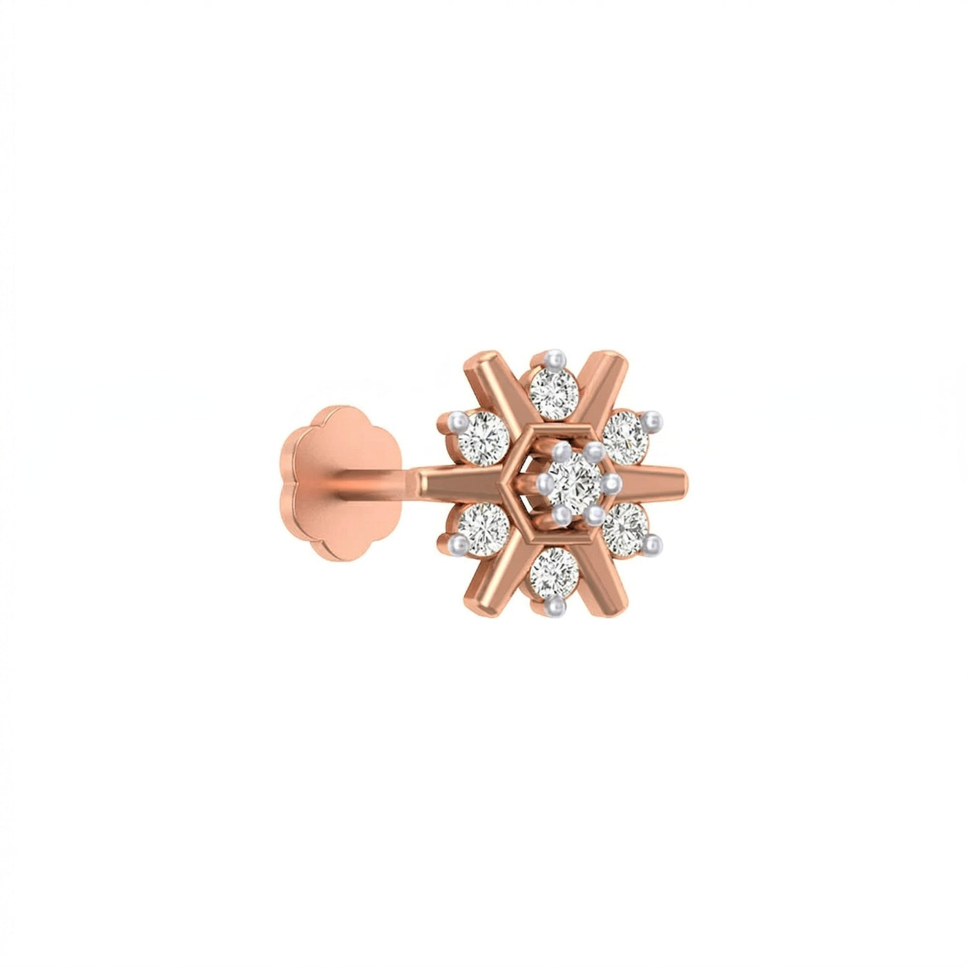 Rose gold and diamond stud nose pin accents on a white background