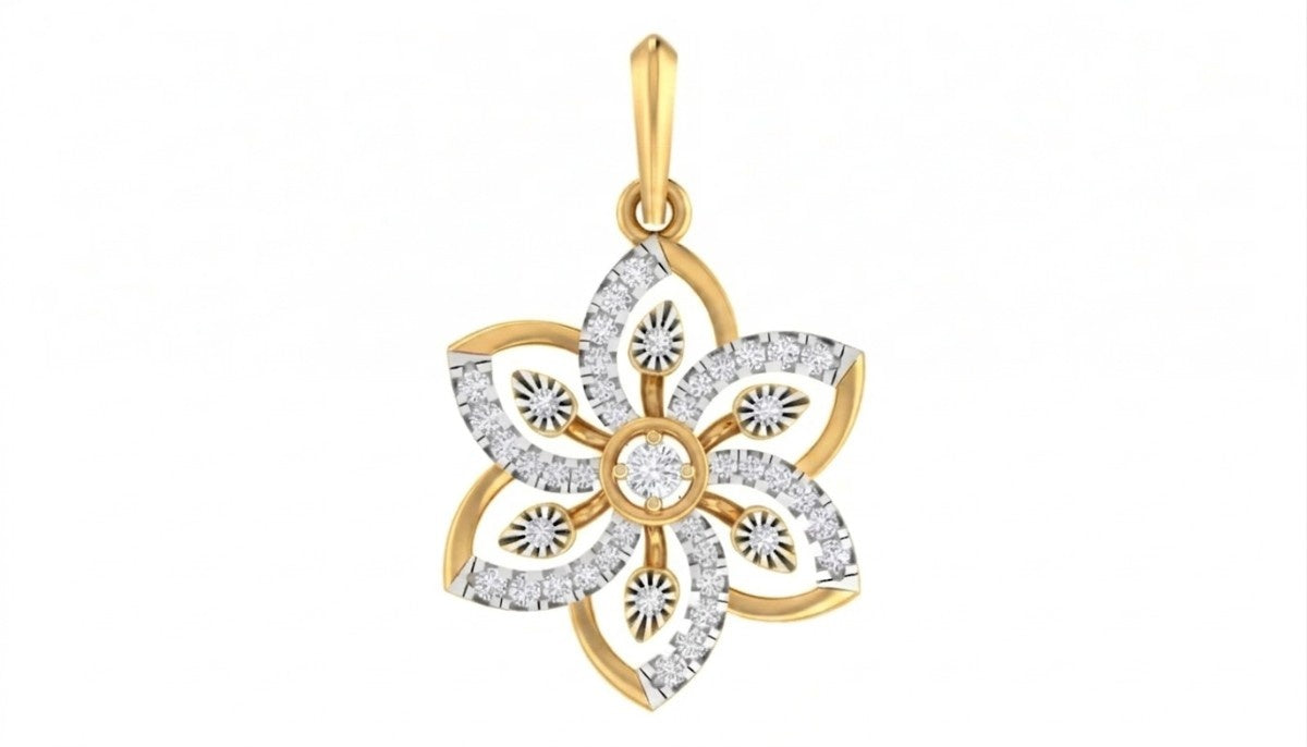 Yellow gold and diamond floral pendant on white background