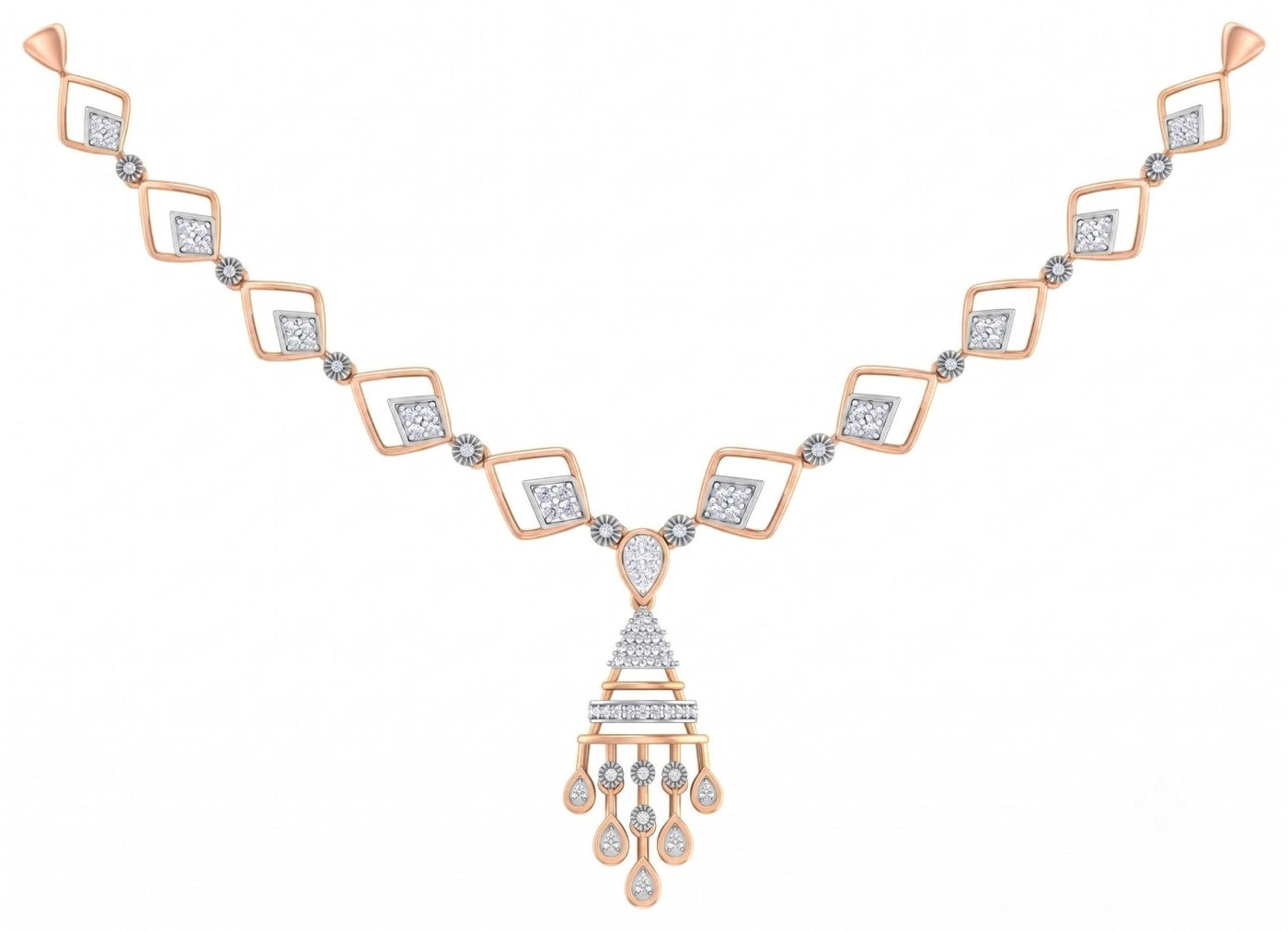 Rose gold and diamond necklace with a geometric design, shown on a plain white background.