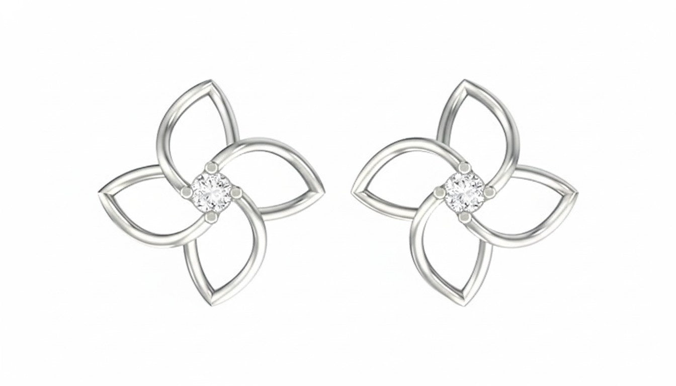 White gold and diamond floral stud earring on a white background.